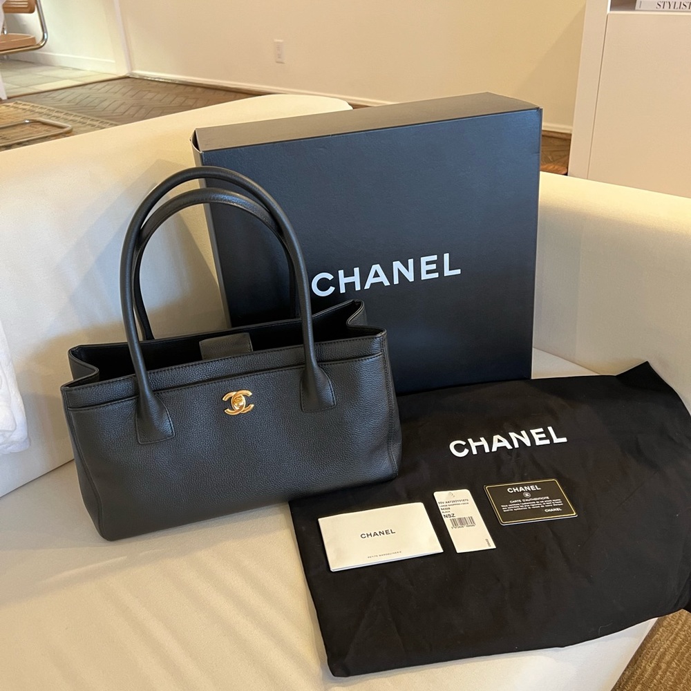 Authentic Chanel Cerf Tote Handbag Purse Black Caviar Leather Gold Hardware
